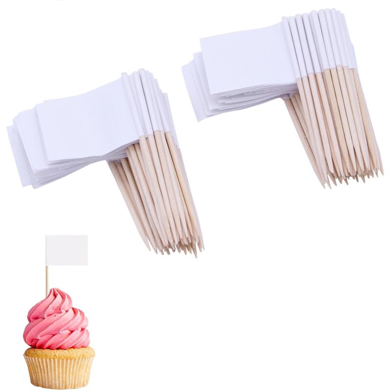 100 PCS Drapeaux Kraft Cure Dents, Mini Étiquettes, Drapeau des Cure-Dents, Etiquette Fromage pour la Fête de Mariage (Blanc)