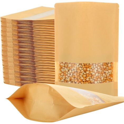 100 Pcs Sachet Zip Kraft 26 x 18 cm, Sachet Kraft Alimentaire avec Fenetre, Pochette Zip Kraft, Sac Kraft avec Fenetre pour Haricots, Thé, Épices, Fruits Secs