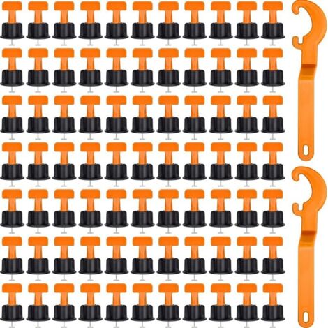 100 Pcs Systeme de Nivellement pour Carrelage, Nivellement Carrelage Réutilisables pour Carrelage, Carreaux de Céramique, Panneaux de Bois avec 2 Clés Spéciales