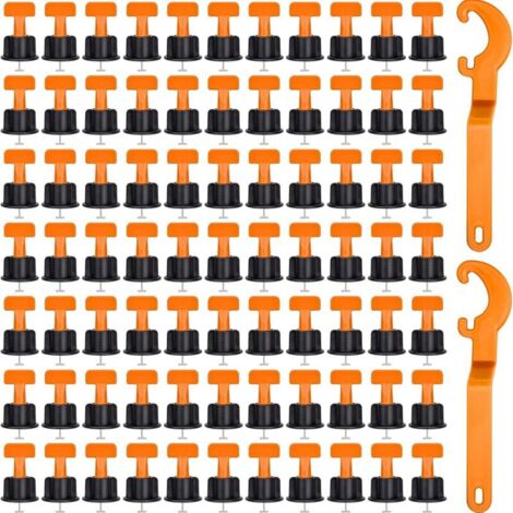100 Pcs Systeme de Nivellement pour Carrelage, Nivellement Carrelage Réutilisables pour Carrelage, Carreaux de Céramique, Panneaux de Bois avec 2 Clés Spéciales