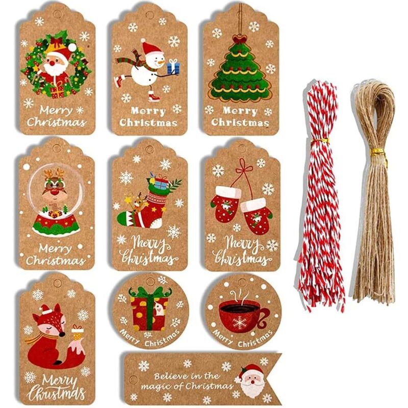 100 pezzi di etichette natalizie in carta kraft, etichette regalo di Natale, etichette regalo, 10 modelli, con spago di iuta e spago rosso e bianco,