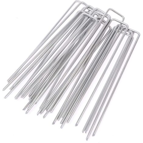 100 pezzi di picchetti di fissaggio in acciaio zincato, ancoraggi a U per terreno da giardino per tessuto anti-erbacce, 150x40 mm, Ø 3 mm, argento
