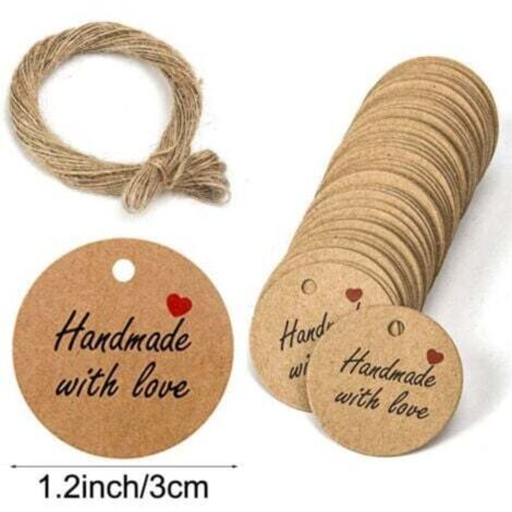 100 pezzi Etichette regalo in carta kraft 3x3 cm Etichette rotonde in carta kraft Etichette per matrimoni con spago per bomboniere Natale Compleanno Comunione (marrone)
