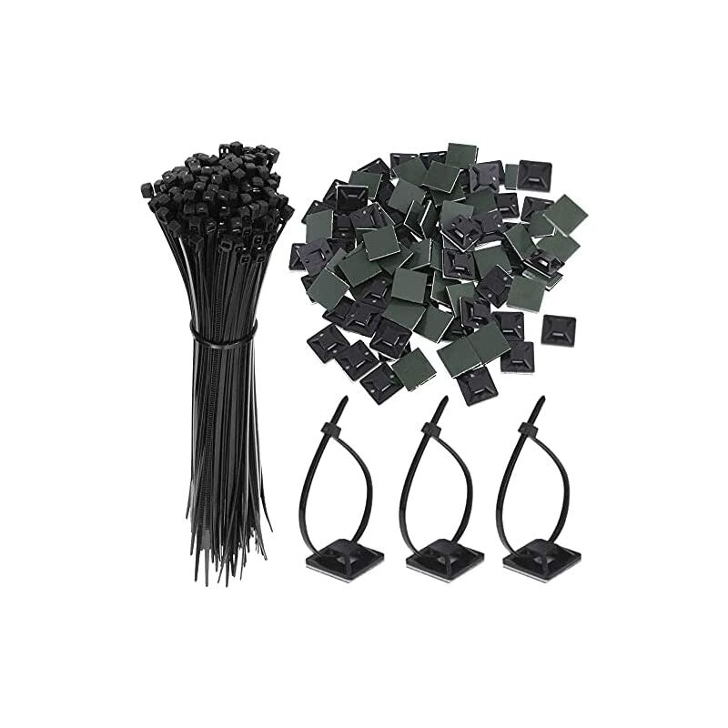 100 Pièces Attaches de Câble + 100 Pièces Supports de Base de Fixation Attache de Fil Auto Adhésifs, Clips de Management de Câbles pour Organiser