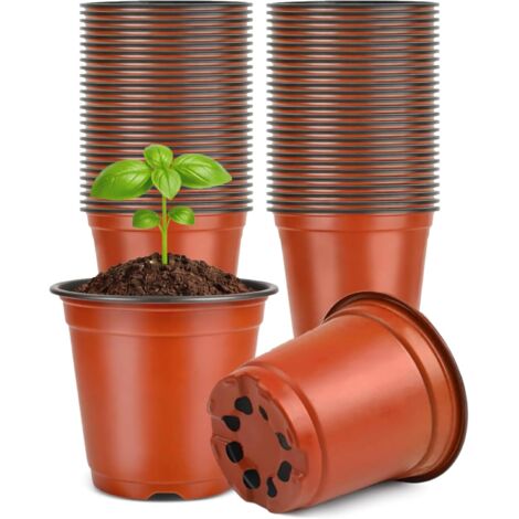 100 Pièces 10CM Pots de Fleurs, Pots de Semis d'extérieur, Pots en plastique pour plantes, Recyclables, Godets Semis pour Interieur-Rouge-Marron