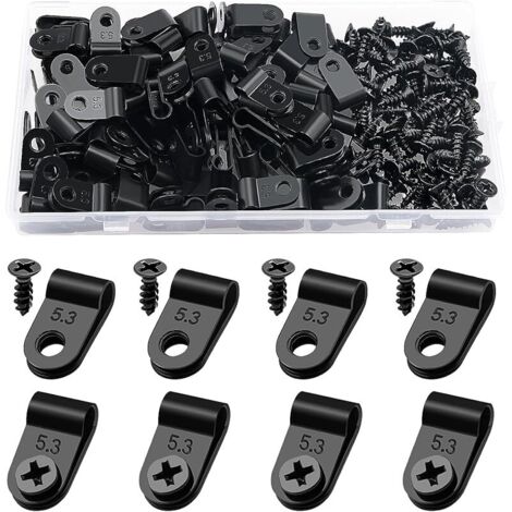 100 Pièces 5.3mm (3/16 Pouce) R-Type Attache de Câble Pince de Fil, R-Type Nylon Plastique Câbles Clips avec 100 Pièces des Vis, pour la Gestion des Fils (Noir)