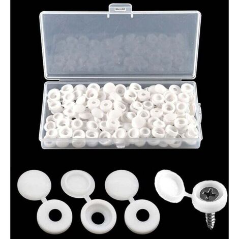 100 Pièces Bouchon à Vis en Plastique, Cache Vis à Charnière pour les Vis Nombre 6/8, avec Boîte de Rangement, Couvercles à Bouton-Pression à Vis pour Meubles, Placards, Étagères, Blanc
