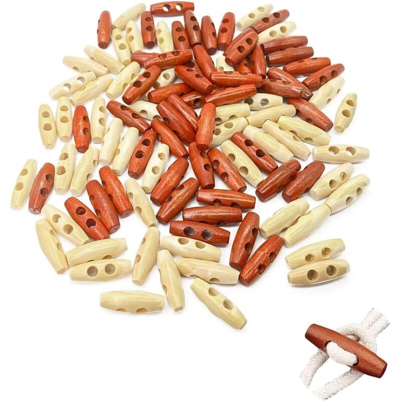 100 Pièces Boutons en Bois d'Olivier - 2 Trous De 30 mm - pour Manteaux, Vêtements & diy - Forme Tonneau/Olive - Naturel & 2 Couleurs - Accessoires