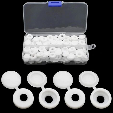 100 pièces Cache Vis en Plastique Blanc Cache Vis à Charnière Bouchon Plastique à Vis avec Boîte de Rangement pour Meubles Placards Étagères