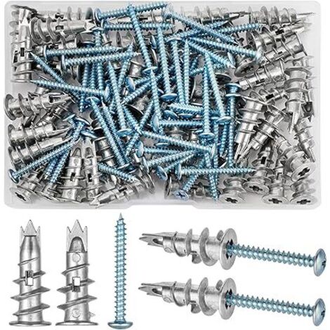 100 Pièces Chevilles pour Placoplatre, Cheville Queue de Cochon, Cheville Autoforeuse Placo, Chevilles pour Plaques, avec Vis Autoperceuses pour Plaques de Plâtre