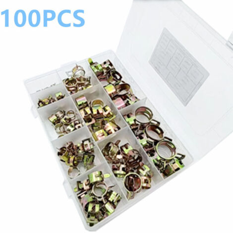100 Pièces Clip à Ressort pour Collier de Serrage de Durite d'Essence - de Serre-joints à Tuyaux avec Boîte de Rangement (6-22 mm, Taille 10)