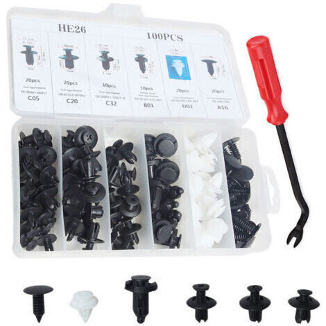 100 pièces Clip Garniture Kit Carrosserie Pare-chocs Porte En Plastique Push Clip Pin Rivet Fixation Vis Outil De Retrait De Voiture Tournevis