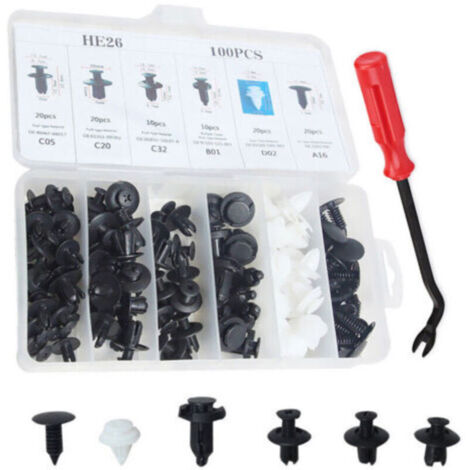 - 100 pièces Clip Garniture Kit Carrosserie Pare-chocs Porte En Plastique Push Clip Pin Rivet Fixation Vis Outil De Retrait De Voiture Tournevis-Crezuo