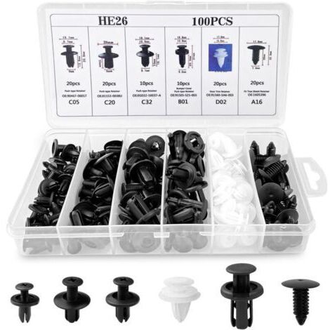 100 Pièces Clips Voiture Universel, 6 Taille Clips de Fixation Voiture Outils, Rivet Plastique, Agrafes Carrosserie pour Pare-Chocs Porte de Voiture Fender Push Kit de Remplacement
