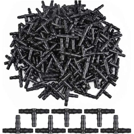 100 pièces connecteurs barbelés irrigation goutte à goutte, 1/4 "tuyau de té barbelé universel, convient au système de jardin d'arrosage tuyau goutte à goutte 1/4" 4/7 T 4/7 mm