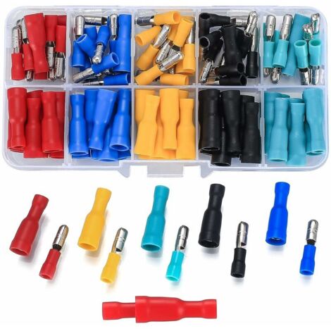 100 Pièces Cosses a Sertir Electriques Plate, Connecteur Electriques Mâles et Femelles Isolée, Cosse Electrique Cylindriques pour Voiture Ternel