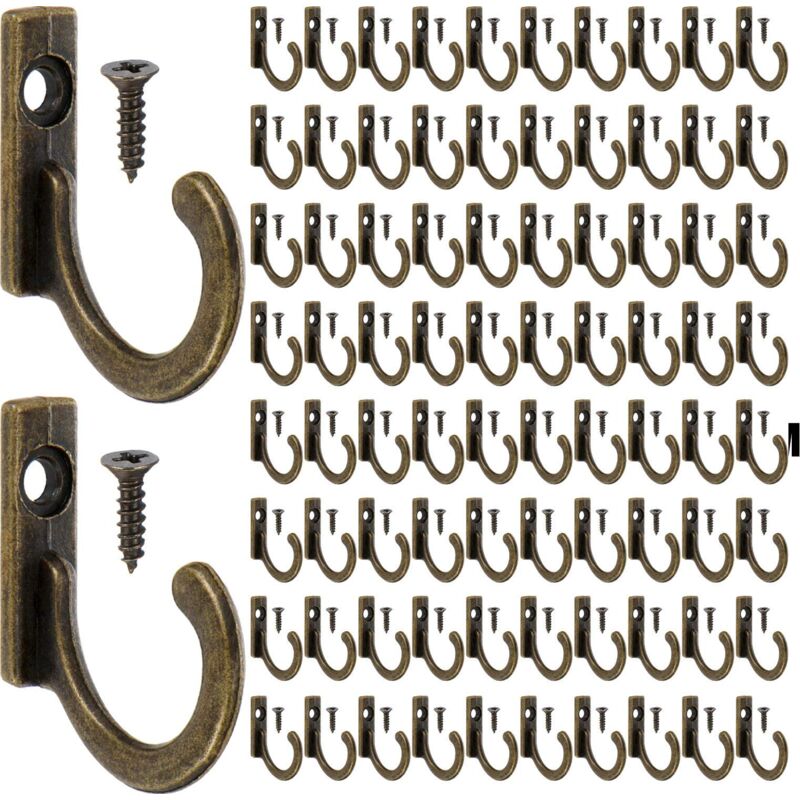 100 Pièces Crochet Simple Murale Crochets de Robe Crochets à Manteau et 100 Pièces Vis pour Clé Suspendue Crochets Bijoux (Bronze)