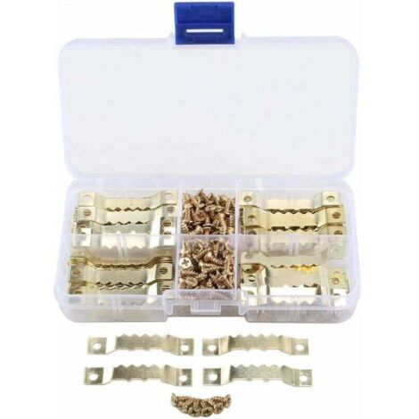 100 pièces Crochets en Dents de Scie Cintres à Cadre en Métal Crochet Cintre pour Fixation Cadre Accrocher Tableaux Photo Toile Peinture Mandala avec 200 Vis Couleur dorée 45mm