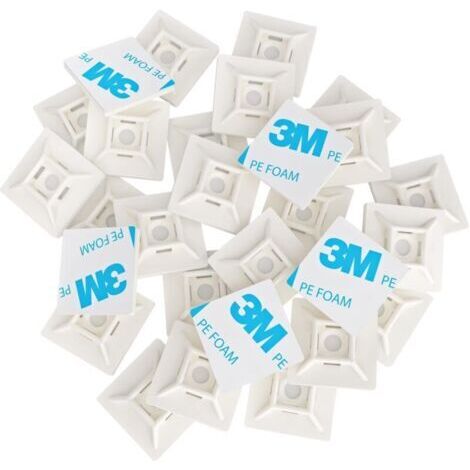 100 Pièces Embases Adhesive pour Attache de Cable, 28mm x 28 mm, Blanc, Serre-Câbles Auto Adhésif, Support de Serre Câble Plastique, Embase pour Collier de Serrage