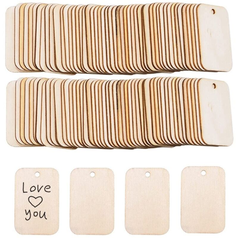 100 Pièces Etiquettes Carrées En Bois Etiquette Rectangle Bois Inachevé, Bricolage, Bûche, Avec Ficelle Convient Pour Projets Bricolage, Mariages,