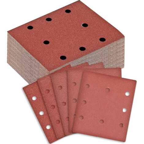 100 Pièces Feuilles Abrasives Rectangulaires - Grain 40/60/80/120/240-8 Trous Papier a Poncer - Accessories Feuille Abrasif pour Ponceuses Orbitales (115x145mm)