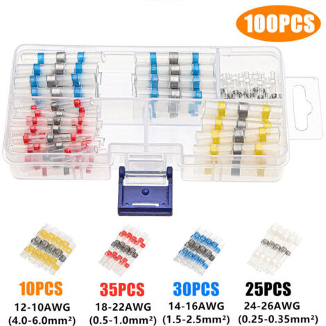 100 Pièces joint de soudure connecteur de fil isolés, 4 tailles 26-10 AWG connecteurs bout avec gaine thermorétractable, cosse electriques pour Automobiles Motos, rapport de rétraction 3:1