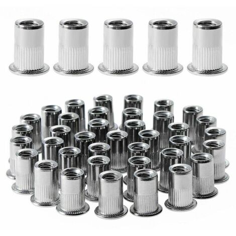 100 pièces M6 écrou à rivet fileté à tête plate, écrous à riveter fileter en acier inoxydable, assortiment inserts filetés pour mental plastique (12 mm  15 mm)