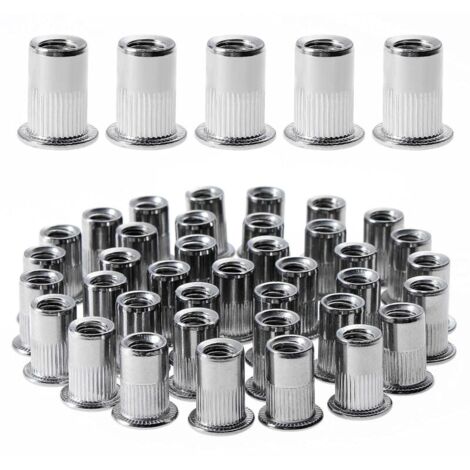 100 pièces M6 écrou à rivet fileté à tête plate, écrous à riveter fileter en acier inoxydable, inserts filetés pour mental plastique (12 mm  15 mm)-LIAIKI