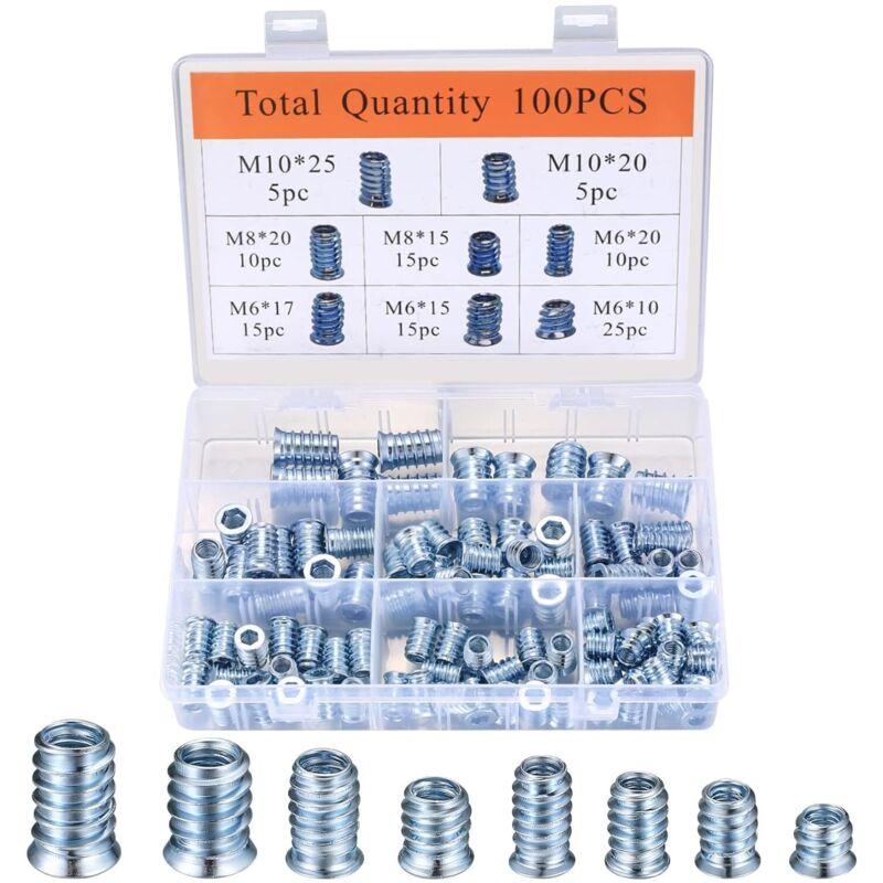 Beijiyi - 100 Pièces Manchons à Visser, Vis à Tête Fraisée, M6/M8/M10 Boulons à Visser avec Insert à Visser, Insert Écrous à Visser Fileté à Six Pans