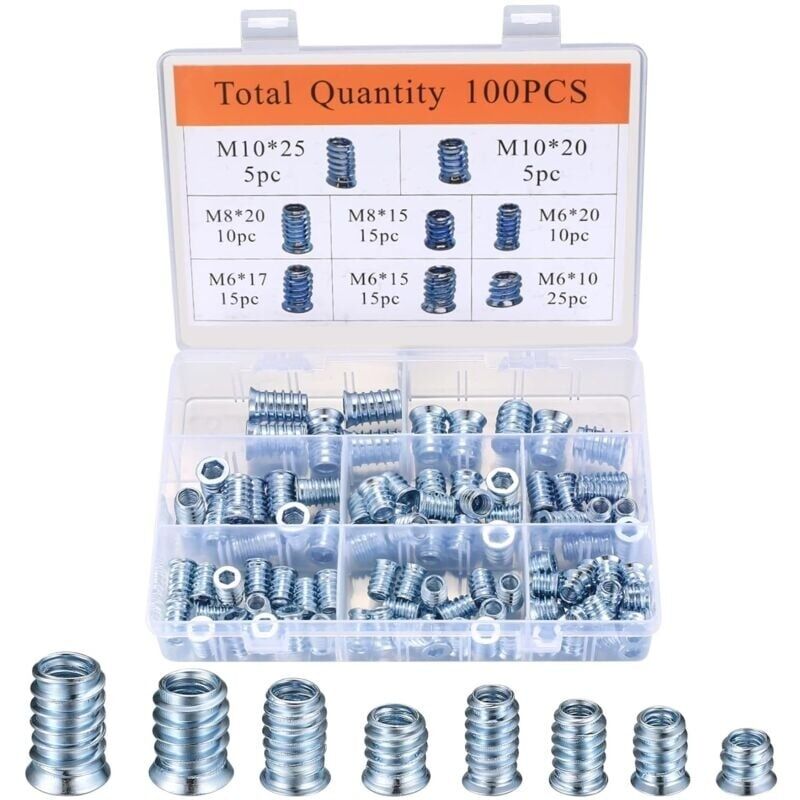 100 Pièces Manchons à Visser, Vis à Tête Fraisée, M6/M8/M10 Boulons à Visser avec Insert à Visser, Insert Écrous à Visser Fileté à Six Pans