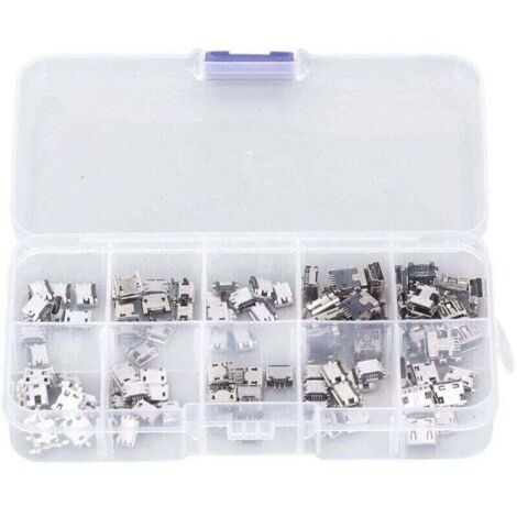 100 Pieces Micro Mini USB Female Plug Connector Micro USB Plugs USB Repair Replacement Adapter Assortment Set with Storage Box