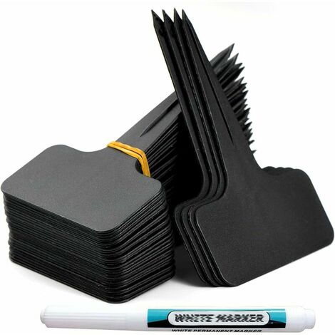 100 Pieces Outdoor Garden Label Plastic Plant Markers T Type Plastic Vegetable Patch with Waterproof Pen Reusable Labeling and Plant Accessories(Black)）