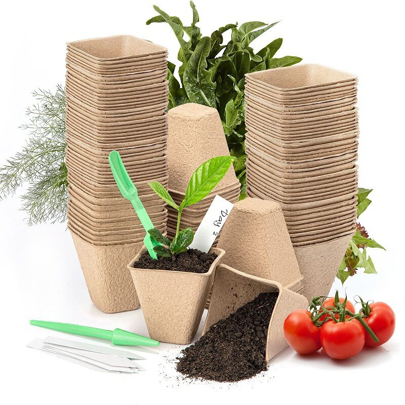 100 Pièces Pots de Semis Biodégradable Godets de Repiquage 8cm Carré Godet Semis Pot Jardinage avec 100 Étiquettes de Plantes pour Graine Légumes