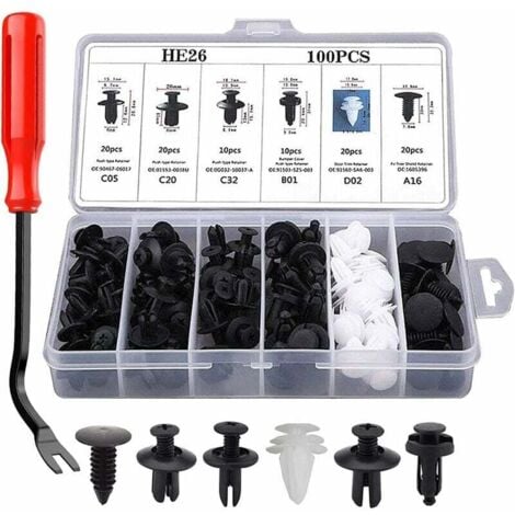 ALOVEZ 100 Pièces Rivet Clips Plastique Clips d'Aile en Plastique Universels Clips Voiture Attaches de Pare Chocs Clips à Rivets Kit de Remplacement Vis d'Expansion avec Attache Remover Outils