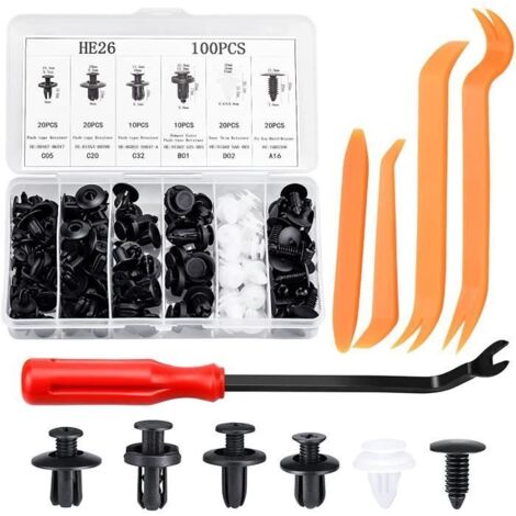 100 Pièces Rivet Clips Plastique Rivets Plastiques Fixation de Protection avec Multi Formes et Tailles Universel pour(Noir,Blanc).