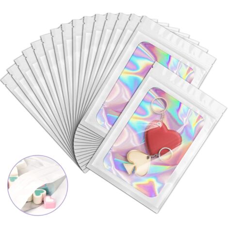100 Pieces Smell Proof Mylar Bags, Holographic Packaging Bags, Resealable Odor Foil Pouch Zipper Bags with Clear Window for Food Storage and Lipgloss, Jewelry Lash (White, 3.1 x 5.1 Inch)