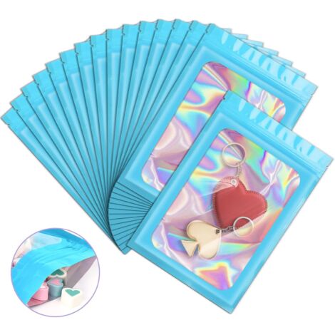100 Pieces Smell Proof Mylar Resealable Bags, Holographic Packaging Bags, Resealable Odor Foil Pouch Zip Bag with Clear Window for Food Storage and Lipgloss, Jewelry Lash (Blue, 3.1 x 5.1 Inch)