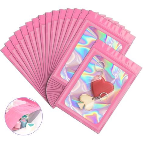 100 Pieces Smell Proof Mylar Resealable Bags, Holographic Packaging Bags, Resealable Odor Foil Pouch Zip Bags with Clear Window for Food Storage and Lipgloss, Jewelry Lash(Pink, 4.3 x 7.5 Inch)