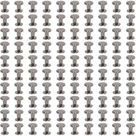 100 Pièces Vis de Reliure Métal Chicago Laiton Électrozingué Tête Plate Ronde Surface Arc pour Rivets Cuir DIY 9x6.5mm Gris Argenté