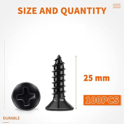 100 pièces vis en acier inoxydable 18-8 A2 tête fraisée cruciforme Ph 4 X 25 Mm vis autotaraudeuses noires, vis à bois bricolage oxyde noir inoxydable M4