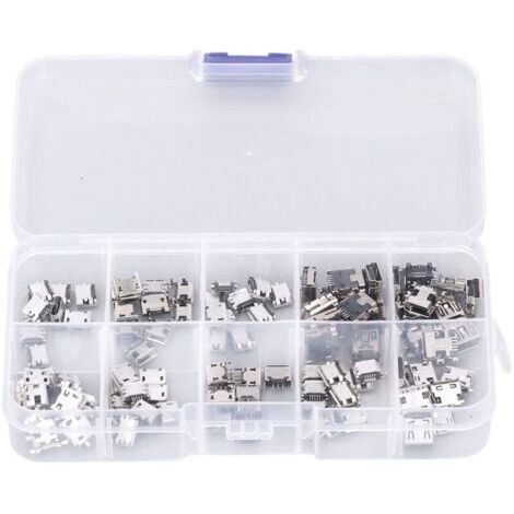 100 Piezas de Micro-MINI-Conexión USB, Conectores Micro USB, Conexiones USB para reparación y sustitución, Kit de adaptadores con caja de almacenamiento