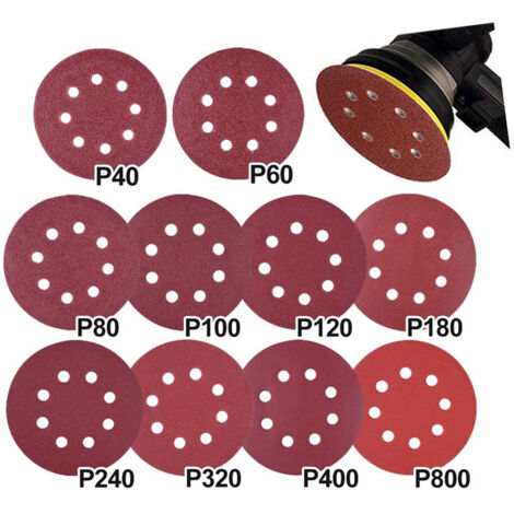 100 piezas de papel de lija para lijadora orbital aleatoria con velcro de 125 mm, discos de lijado redondos con velcro de 8 orificios de 125 mm para lijadora orbital aleatoria, 20 x grano 40/60/80/120