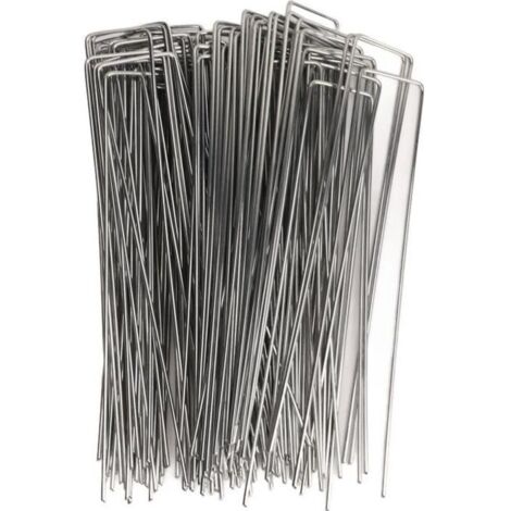 100 Piquet Jardin en Acier Galvanisé 4x10cm - Fixation Sol Toile Paillage Agrafes pour Bache