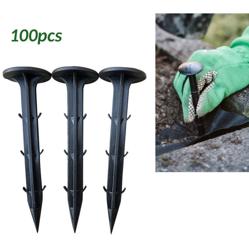 100 Piquets de Jardin pour la Fixation des Tissus Anti Mauvaises Herbes Plastique Noir Piquet de Terre pour Toile de Paillage