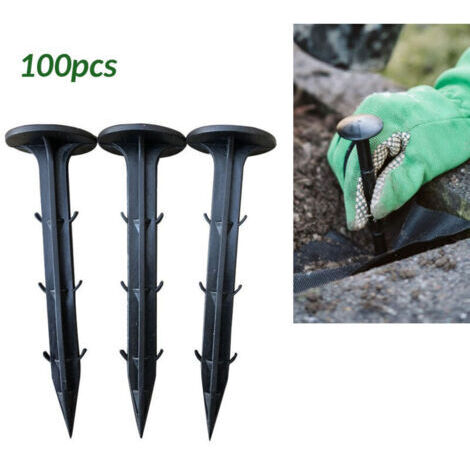 100 Piquets de Jardin pour la Fixation des Tissus Anti Mauvaises Herbes Plastique Noir Piquet de Terre pour Toile de Paillage