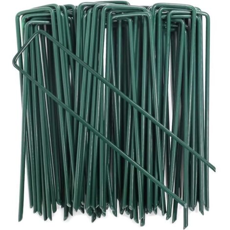100 piquets de sol en acier galvanisé, ancrages de jardin en forme de U pour toile de paillage, 150 x 25 mm, 3 mm, verts