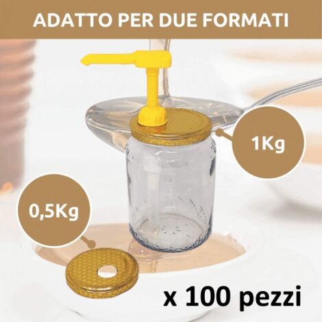 100 PZ ApiCor Kit Dispenser Dosatore Per Miele 2 Capsule Adattabili Per Vaso Miele 1 Kg. E 1/2 Kg. Tappi Alveare