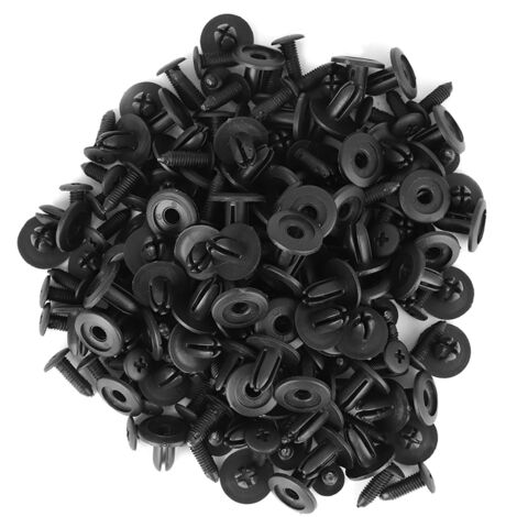 100 remaches de plástico para coches - Sujeciones para parachoques/puertas - Negros - 6 mm - Kit de 100 piezas