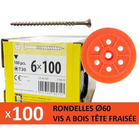 100 Rondelles d'isolation D.60 mm + Vis à bois L. 100 mm