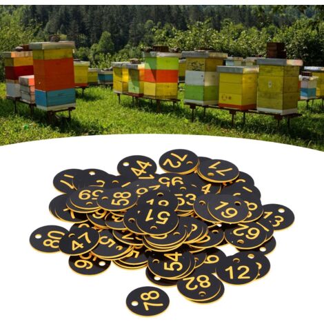 100 runde Nummernschilder für Imkereibedarf mit Lochmarkierung, Bienenstockschilder, ABS, Schwarz/Gelb